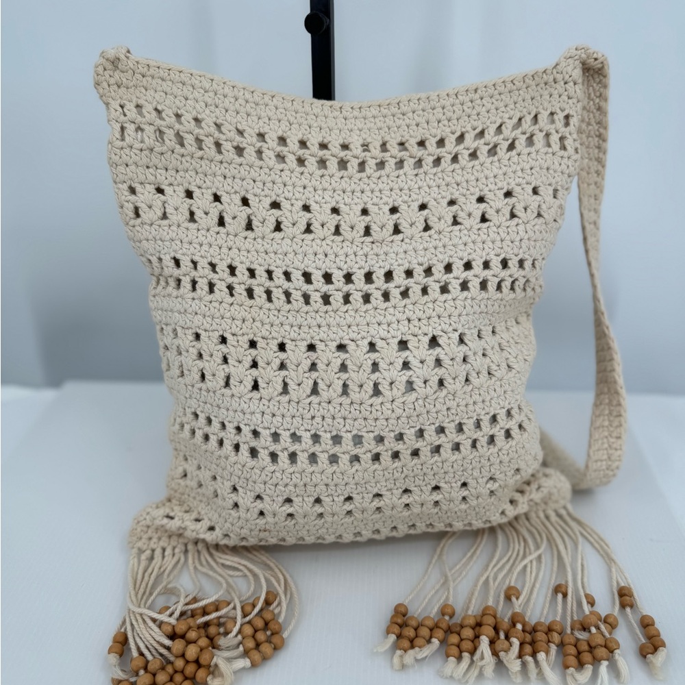 Unbranded Crocheted Crossbody with Fringe and Wood Beads, Cream